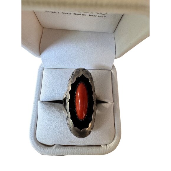 Shadow Box Coral Navajo Native American Sterling Silver Ring Size 7 - Picture 2 of 9